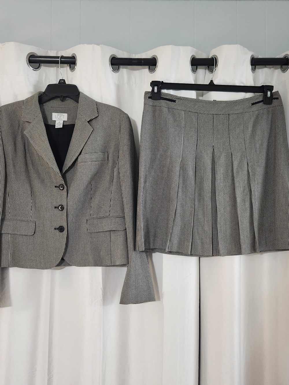 LOFT Black and Gray Micro-Houndstooth Blazer with Pleated Skirt